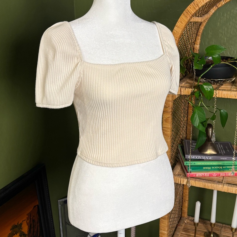 Cream Ribbed Cropped Square Neck Puff Sleeve H&M Top